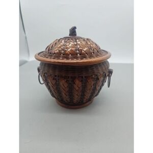 Chinese Wedding Basket Woven Round Box w/Lid with Carved Monkey On Top Vtg